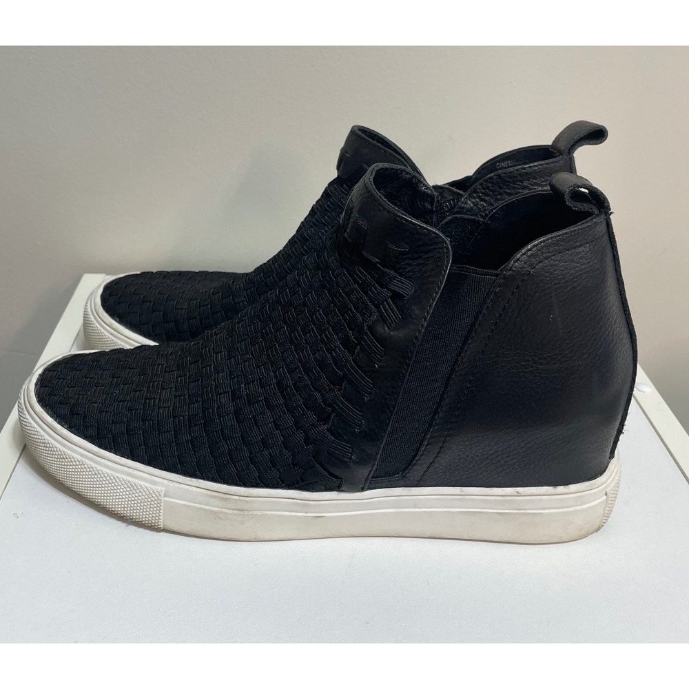 STEVEN Madden Cinema Black Woven Fabric Leather Hidden Wedge Heel Zip Sneakers